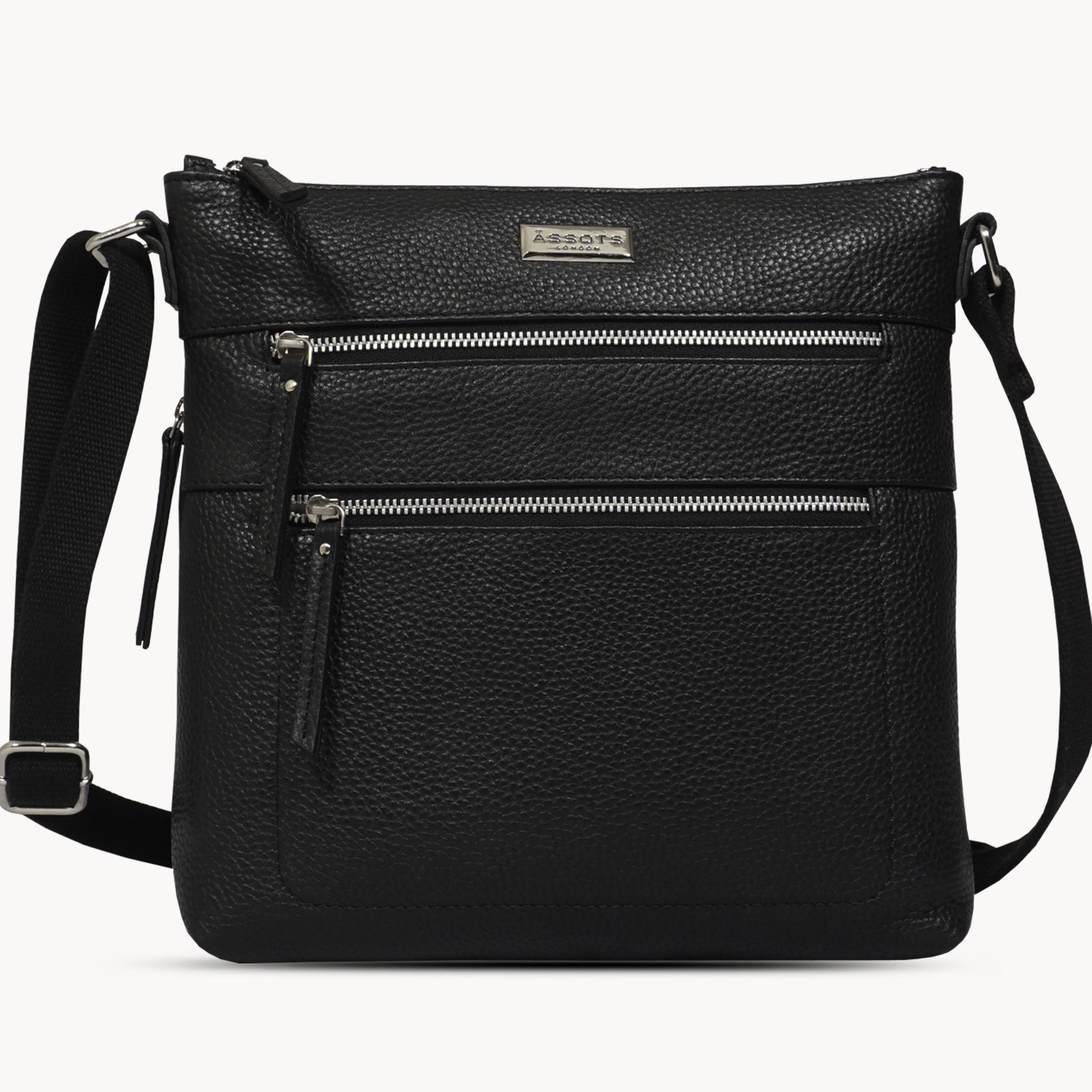 'CORI' Black Pebble Grain Real Leather Crossbody Bag