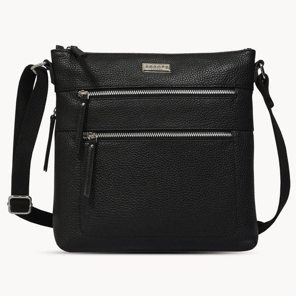 'CORI' Black Pebble Grain Real Leather Crossbody Bag