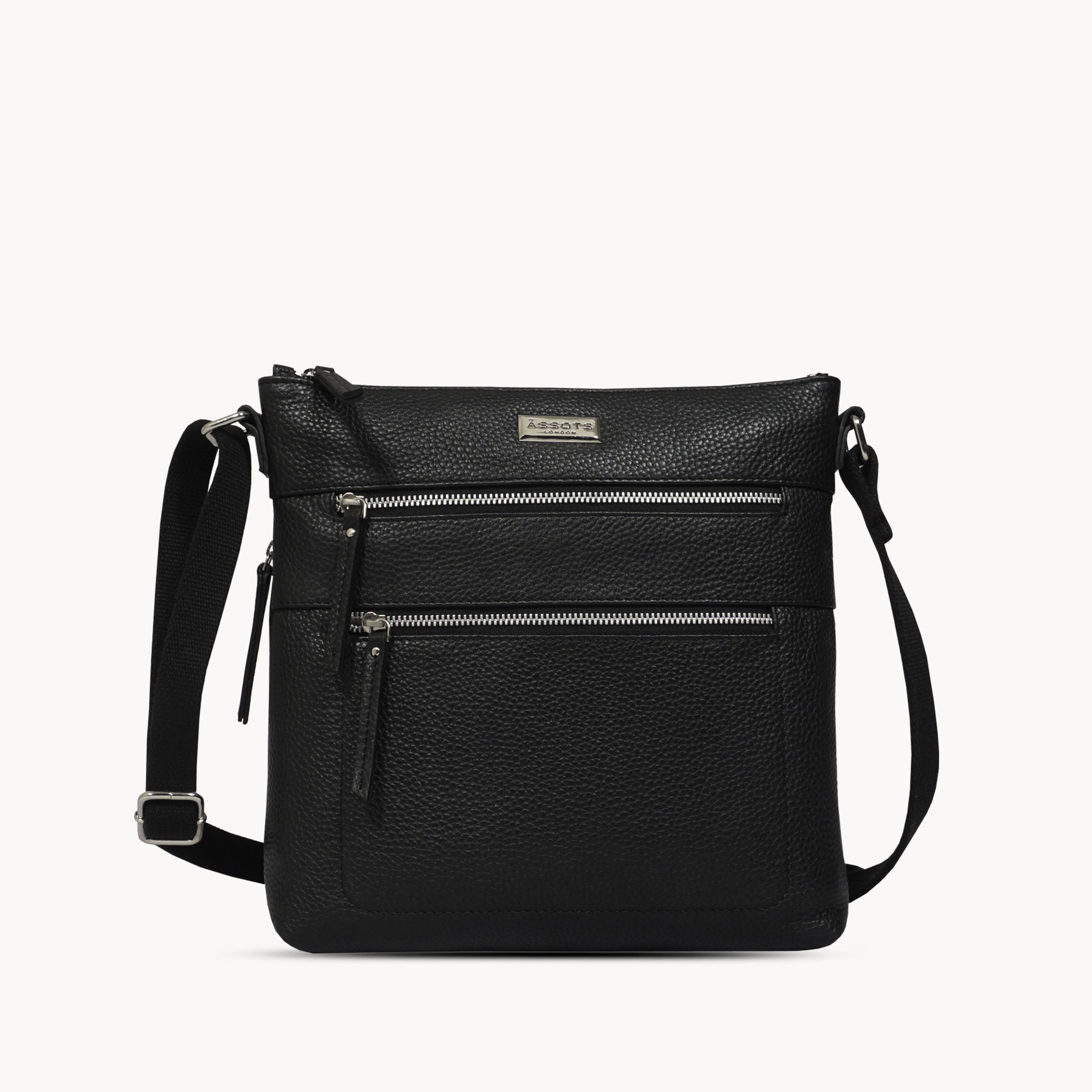 'CORI' Black Pebble Grain Real Leather Crossbody Bag