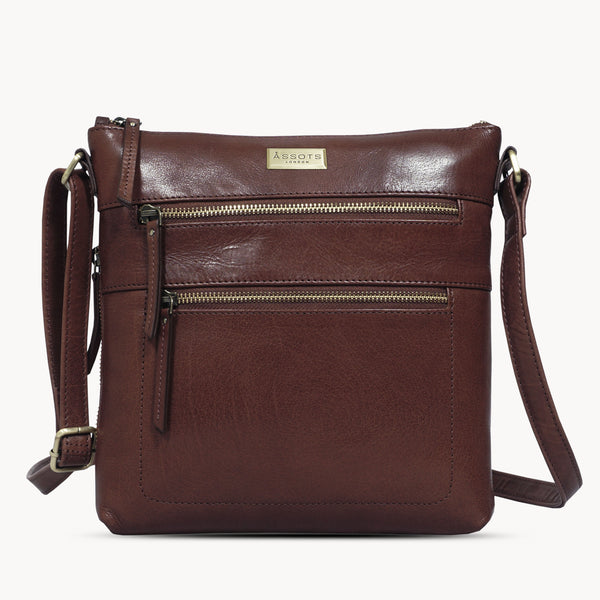'CORI' Brown Polished VT Real Leather Crossbody Bag