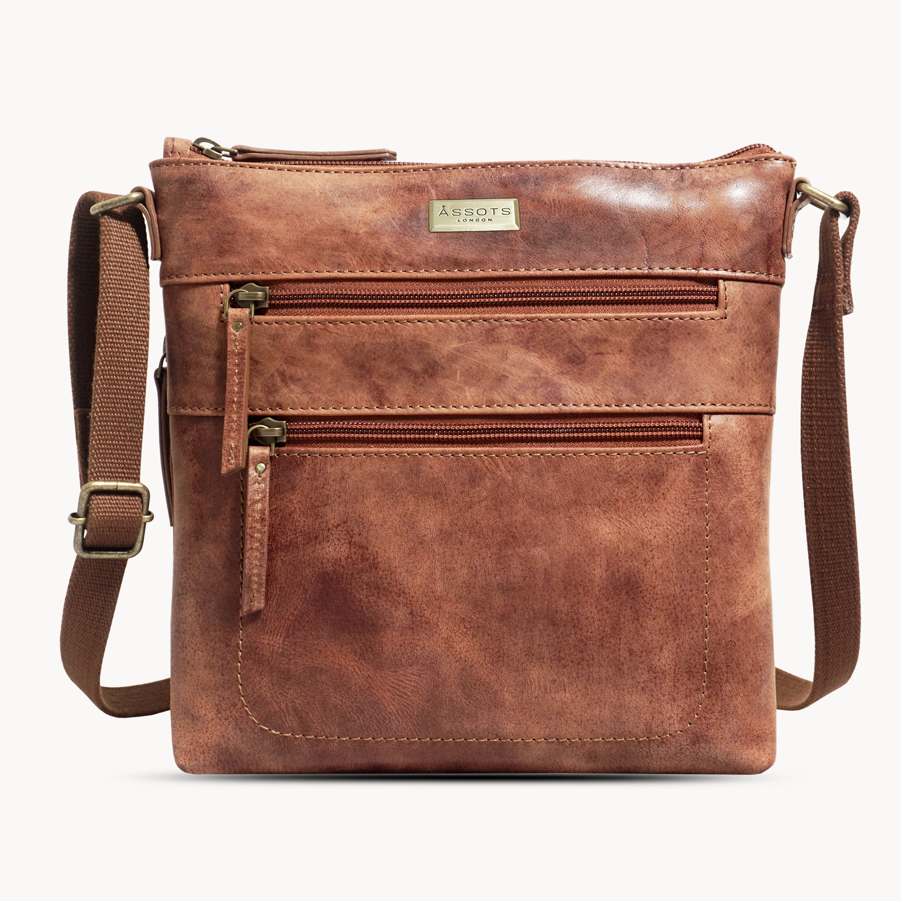 'CORI' Distressed Tan Real Leather Crossbody Bag