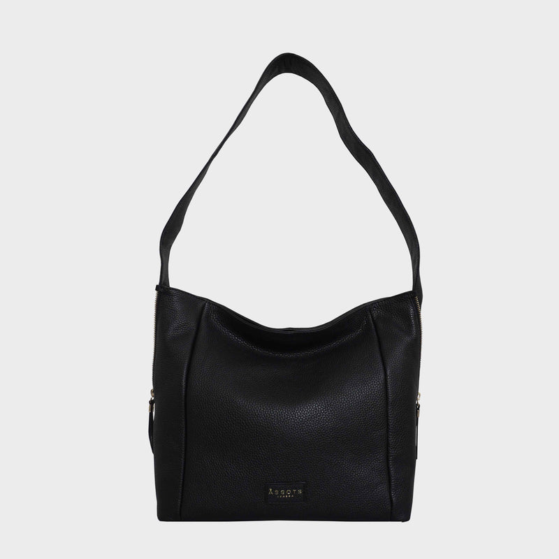 'COURTNEY' Black Pebble Grain Leather Slouchy Hobo Bag