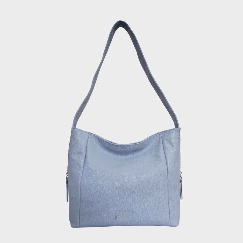 'COURTNEY' Pale Blue Pebble Grain Leather Slouchy Hobo Bag