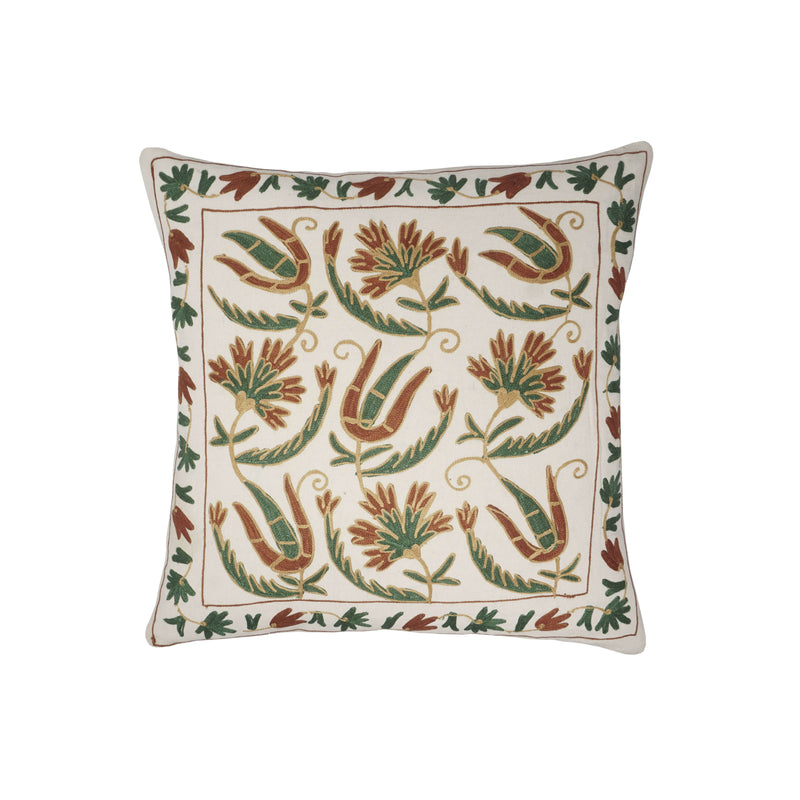 Handmade Floral Embroidered Cotton Cushion Cover (Green & Brown)