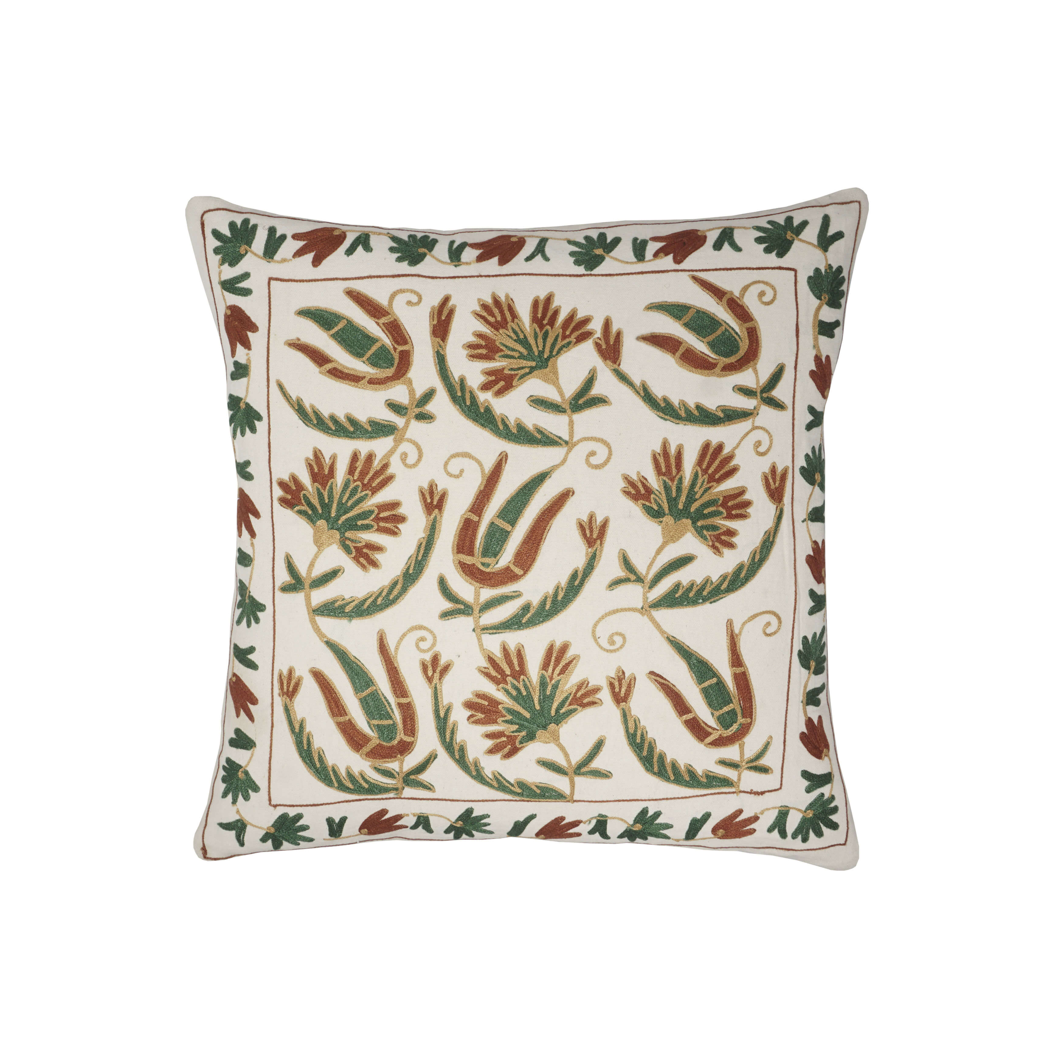 Handmade Floral Embroidered Cotton Cushion Cover (Green & Brown)