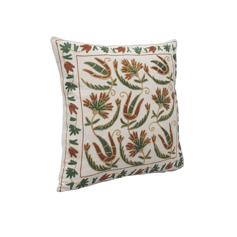 Handmade Floral Embroidered Cotton Cushion Cover (Green & Brown)