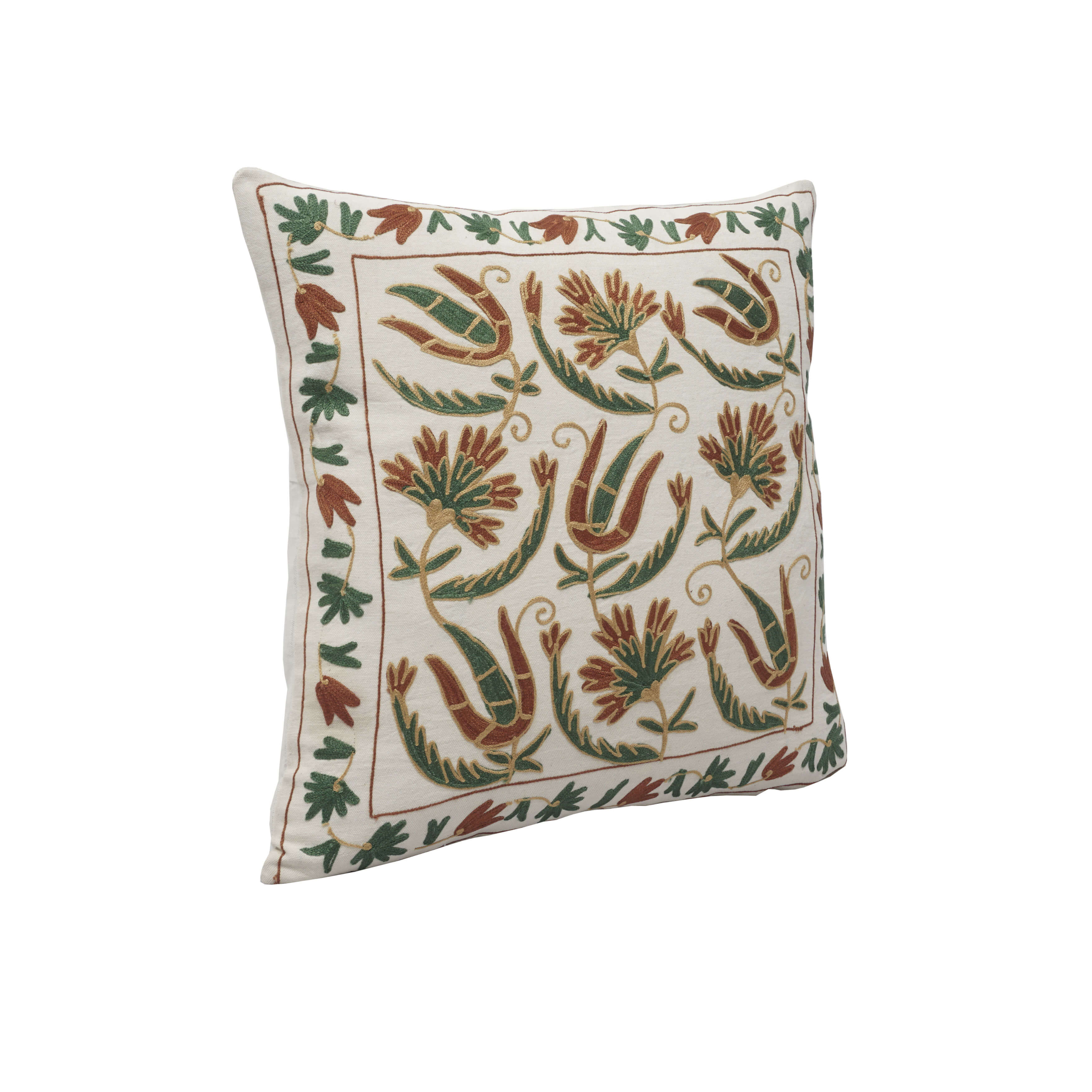 Handmade Floral Embroidered Cotton Cushion Cover (Green & Brown)