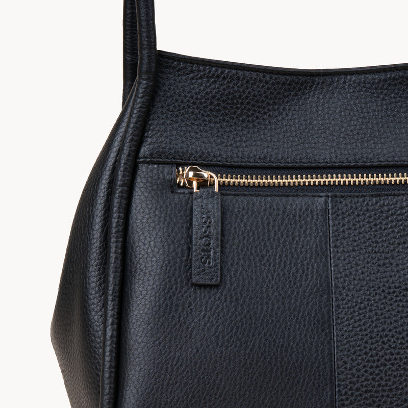 'DEBBIE' Black Pebble Grain Real Leather Organiser Shoulder Bag