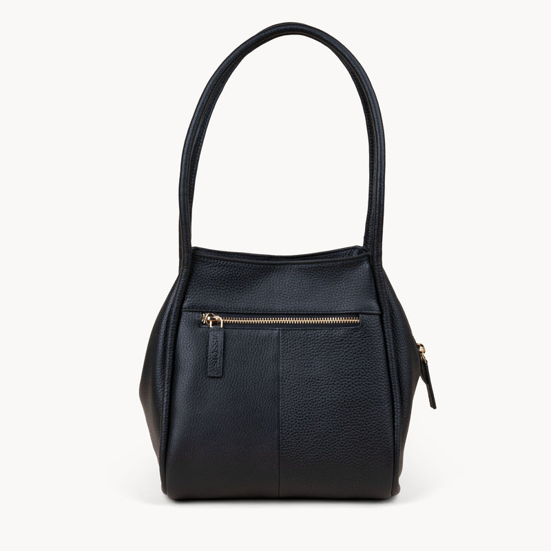 'DEBBIE' Black Pebble Grain Real Leather Organiser Shoulder Bag