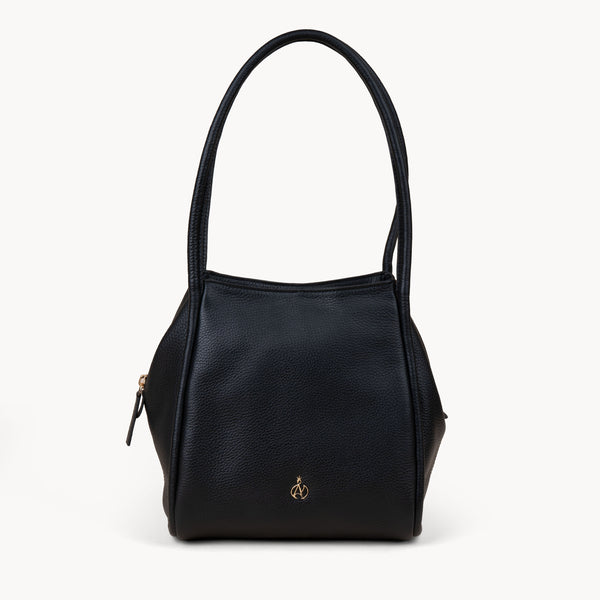'DEBBIE' Black Pebble Grain Real Leather Organiser Shoulder Bag
