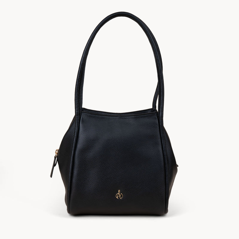 'DEBBIE' Black Pebble Grain Real Leather Organiser Shoulder Bag