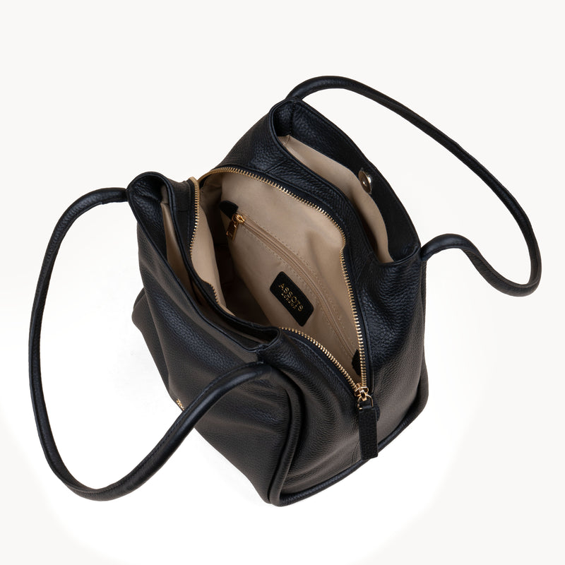'DEBBIE' Black Pebble Grain Real Leather Organiser Shoulder Bag