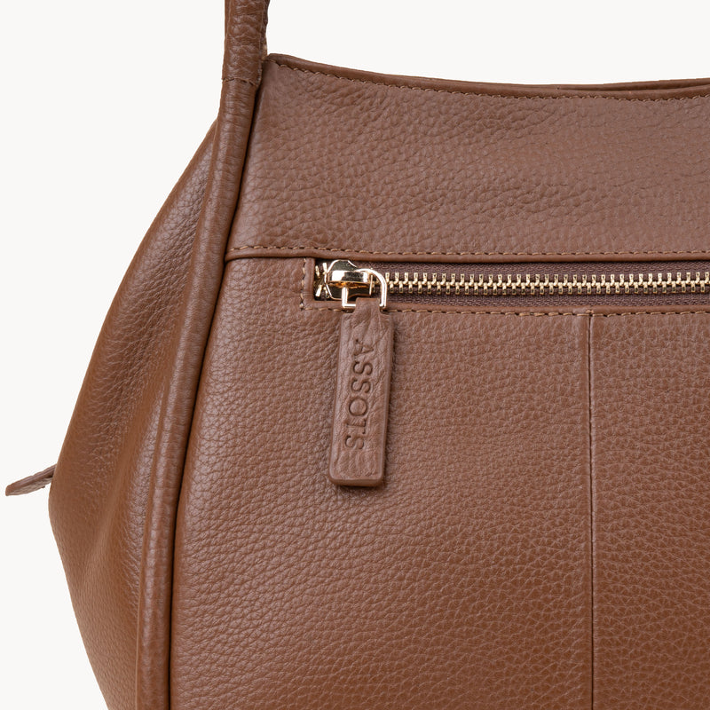 'DEBBIE' Tan Pebble Grain Real Leather Organiser Shoulder Bag