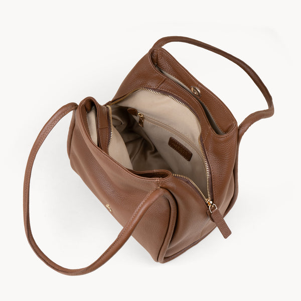 'DEBBIE' Tan Pebble Grain Real Leather Organiser Shoulder Bag