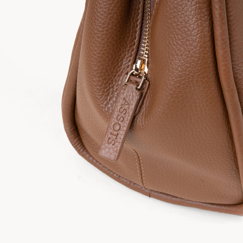 'DEBBIE' Tan Pebble Grain Real Leather Organiser Shoulder Bag
