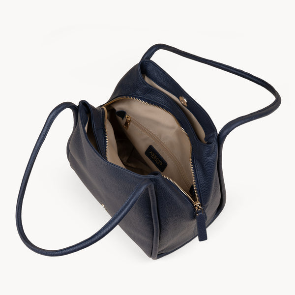 'DEBBIE' Navy Pebble Grain Real Leather Organiser Shoulder Bag