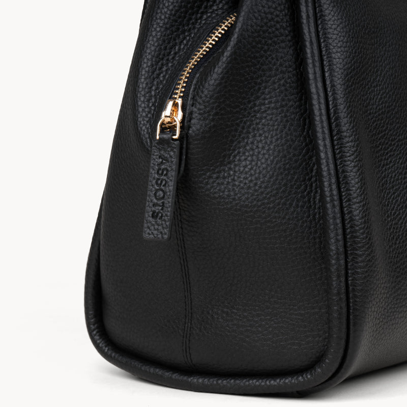 'Debbie' Black Pebble Grain Real Leather Shoulder Bag
