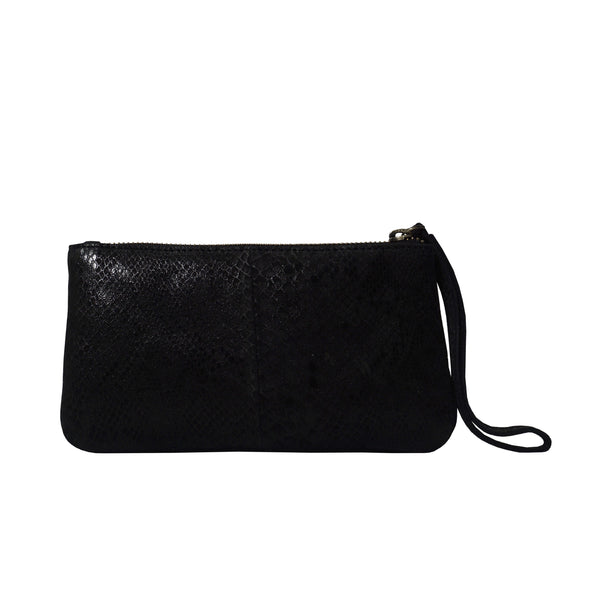 'DARCY' Black Pleated Snake Print Real Leather Wristlet Pouch