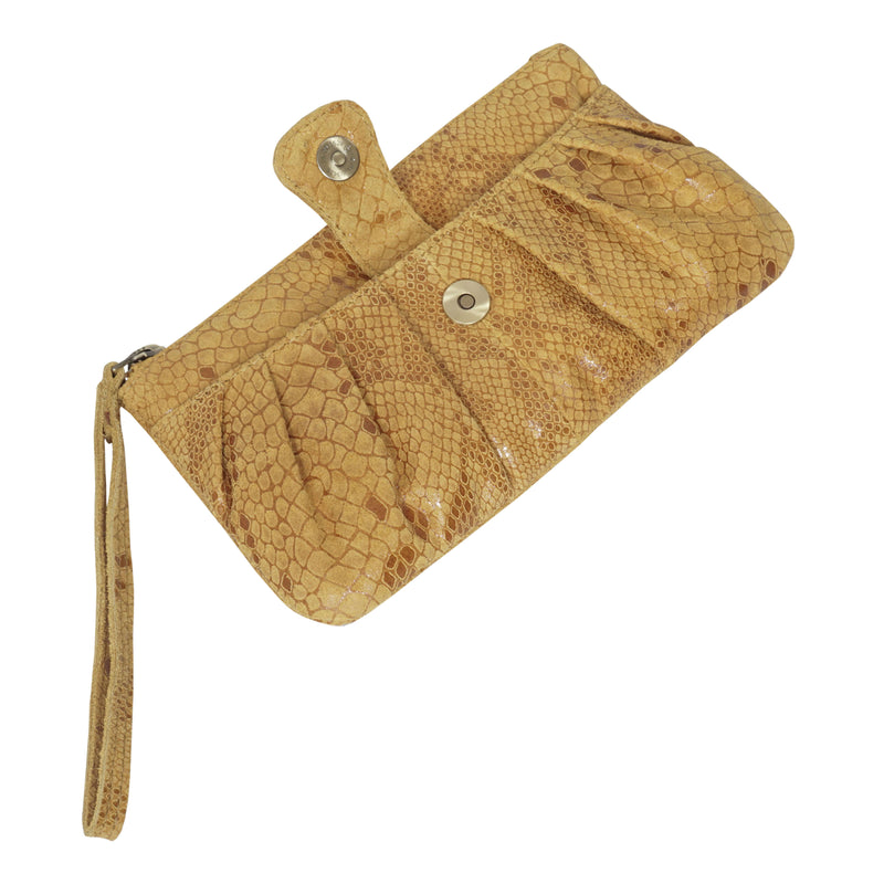 'DARCY' Mustard Pleated Snake Print Real Leather Wristlet Pouch