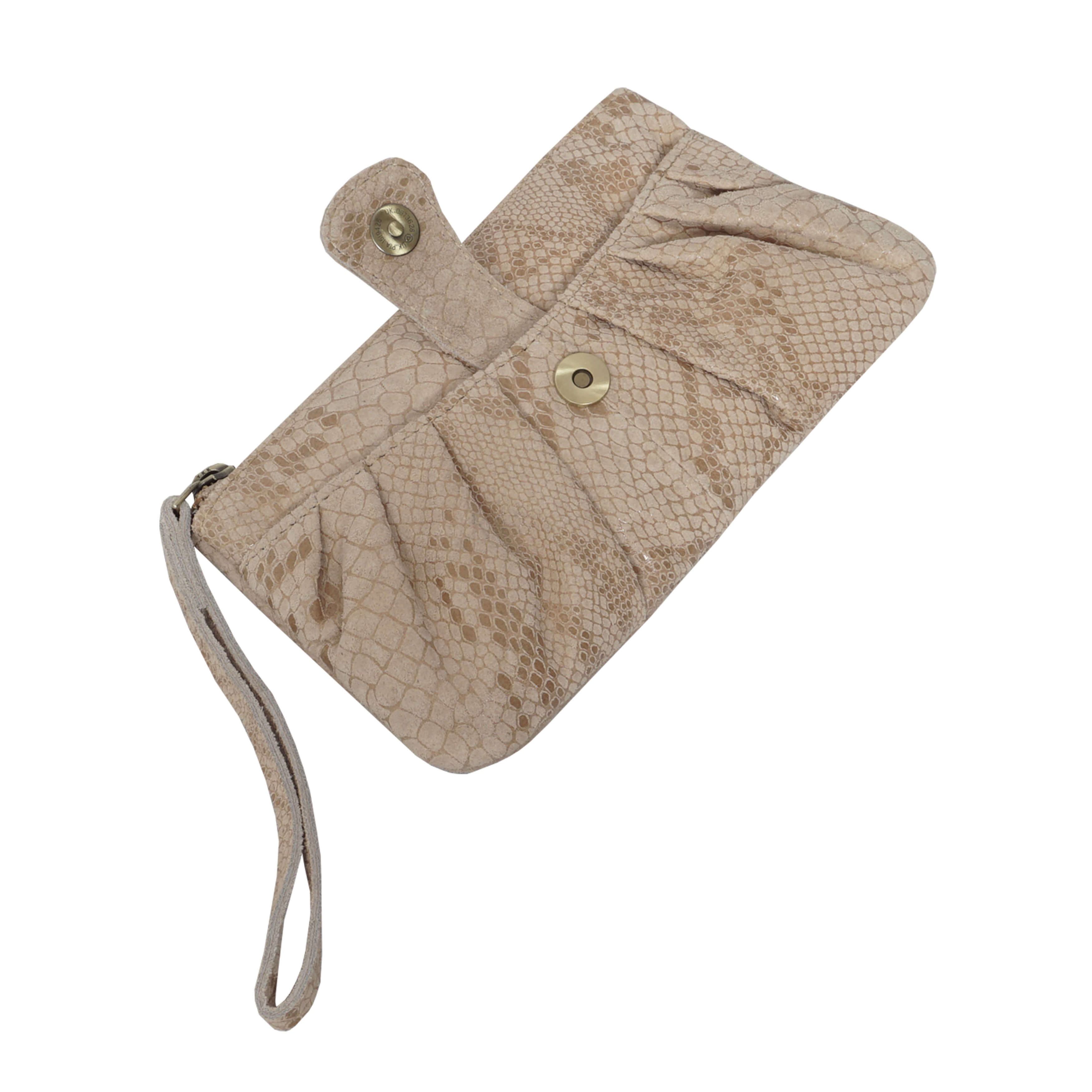 'DARCY' Nude Pleated Snake Print Real Leather Wristlet Pouch