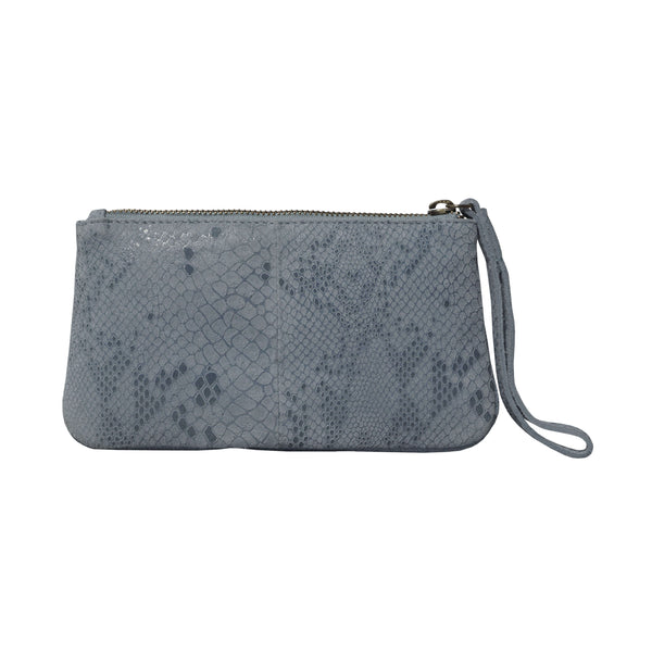 'DARCY' Pastel Blue Pleated Snake Print Real Leather Wristlet Pouch