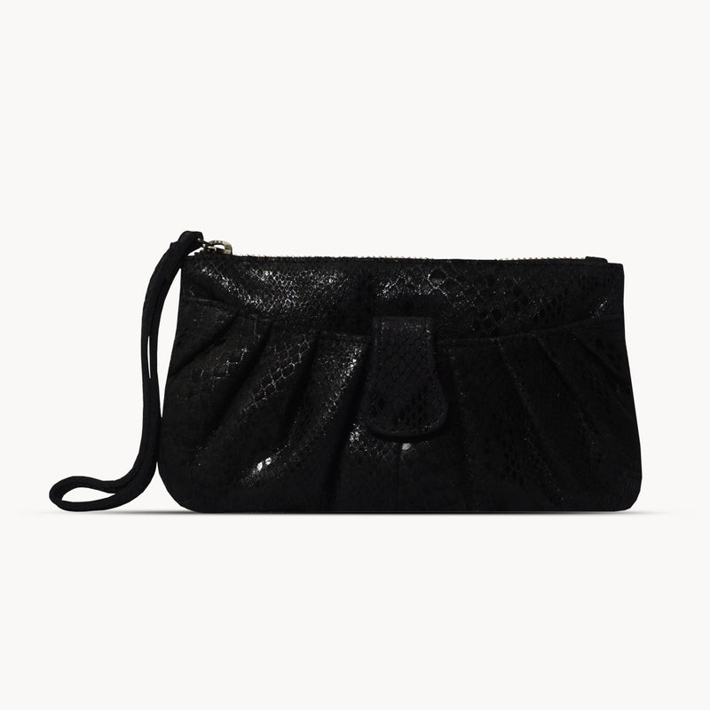 'DARCY' Black Pleated Snake Print Real Leather Wristlet Pouch