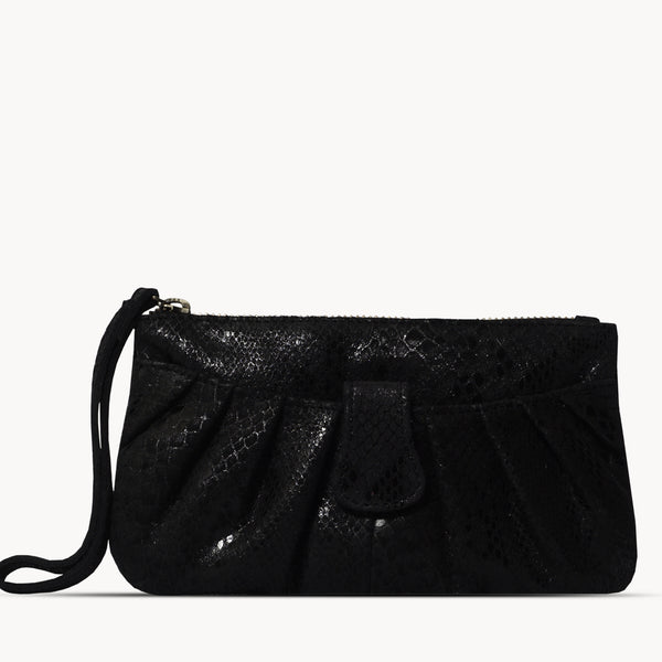 'DARCY' Black Pleated Snake Print Real Leather Wristlet Pouch