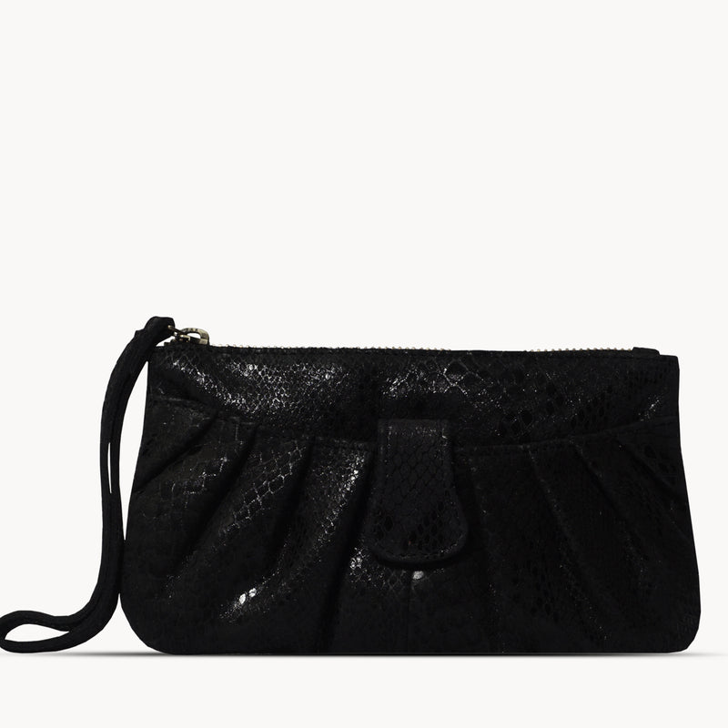 'DARCY' Black Pleated Snake Print Real Leather Wristlet Pouch