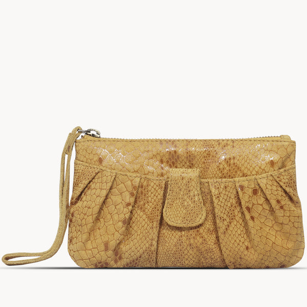 'DARCY' Mustard Pleated Snake Print Real Leather Wristlet Pouch