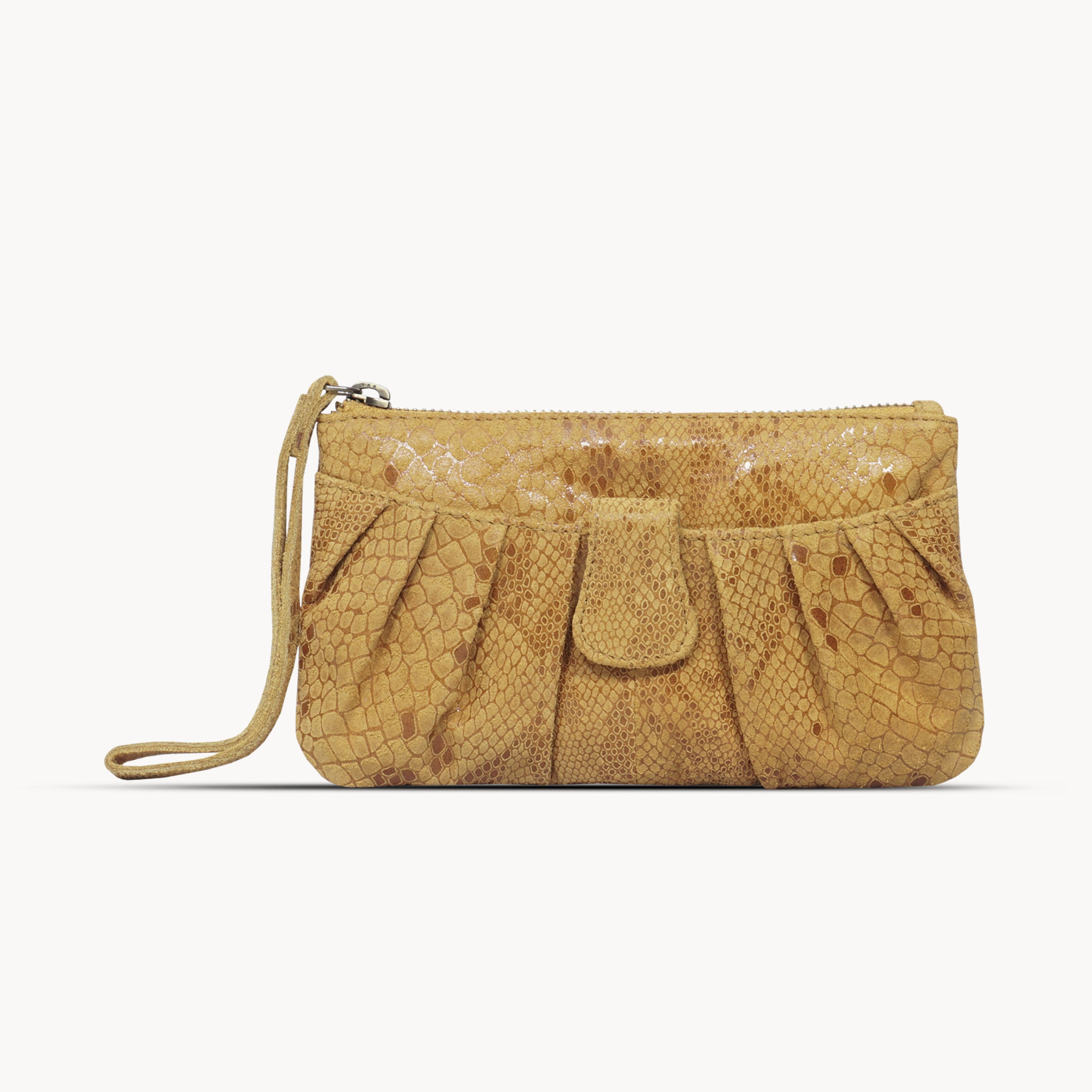 'DARCY' Mustard Pleated Snake Print Real Leather Wristlet Pouch