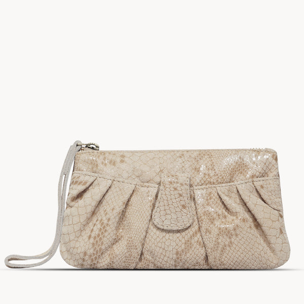 'DARCY' Nude Pleated Snake Print Real Leather Wristlet Pouch