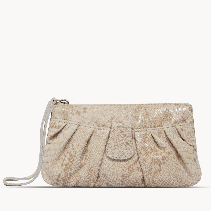 'DARCY' Nude Pleated Snake Print Real Leather Wristlet Pouch