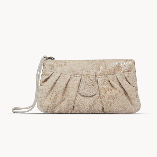 'DARCY' Nude Pleated Snake Print Real Leather Wristlet Pouch