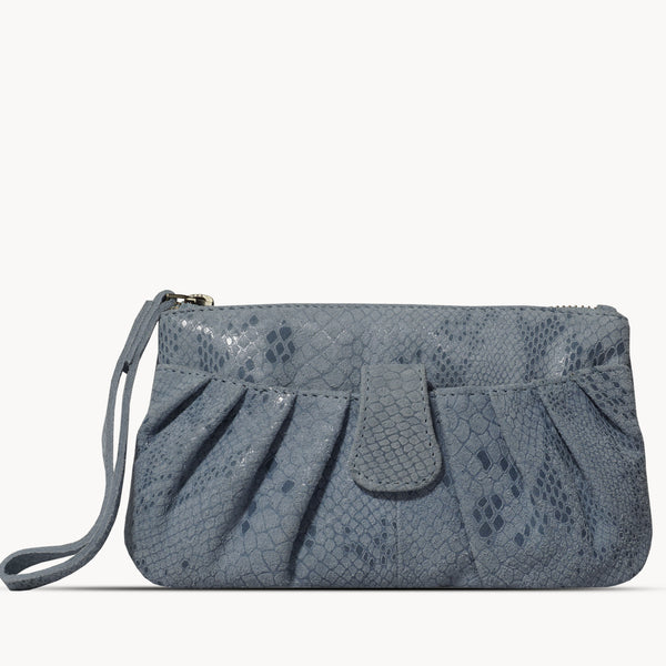 'DARCY' Pastel Blue Pleated Snake Print Real Leather Wristlet Pouch