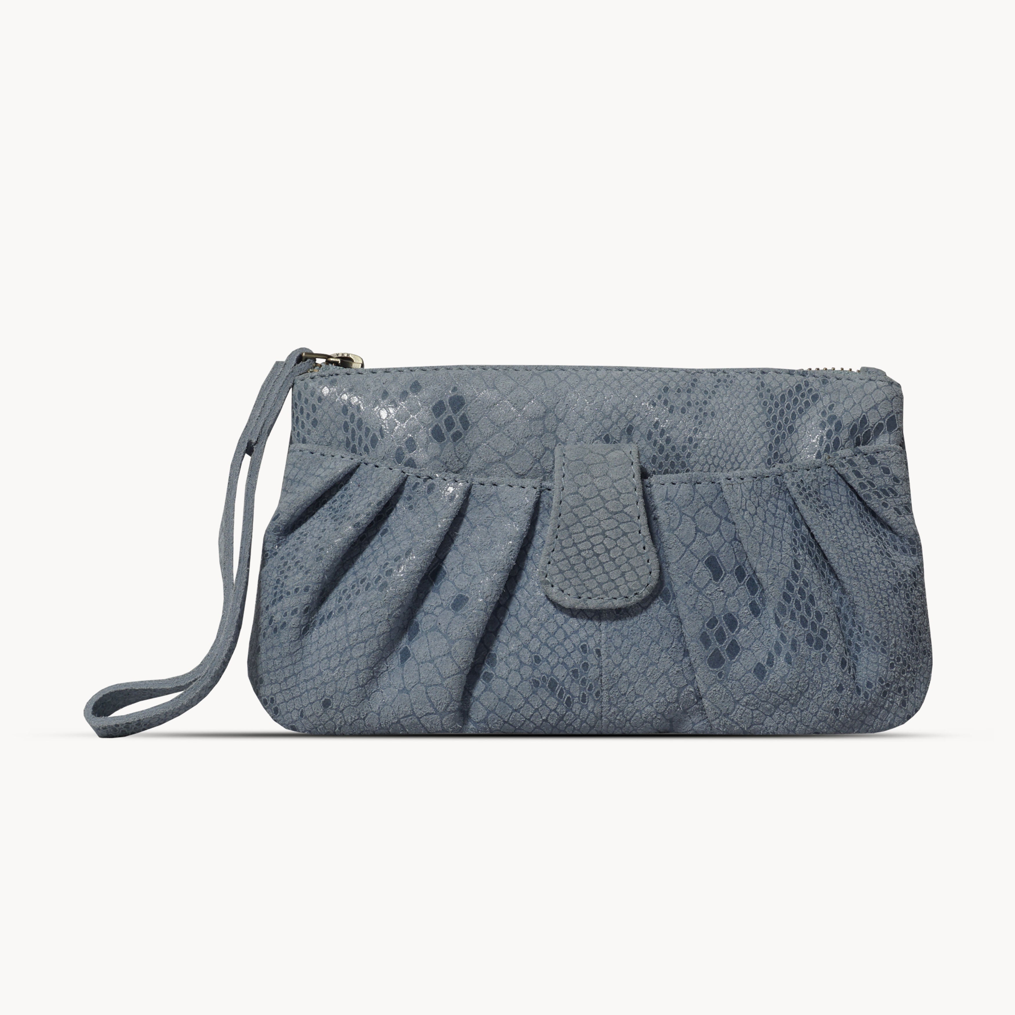 'DARCY' Pastel Blue Pleated Snake Print Real Leather Wristlet Pouch