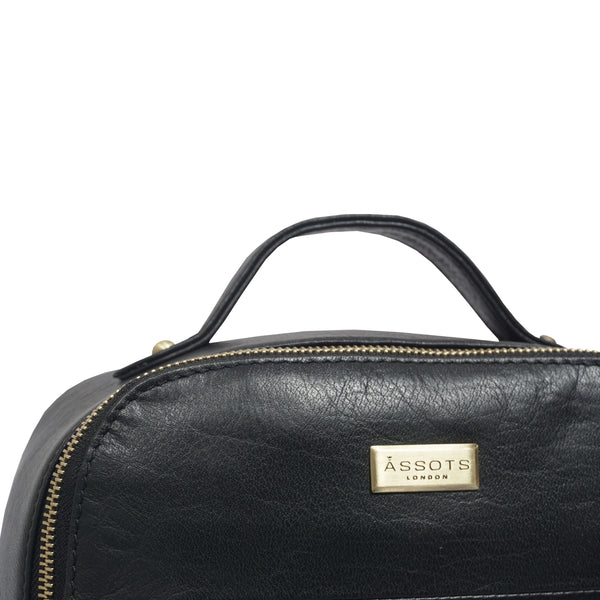'DEBDEN' Black Full Grain Small Leather Zip-Top Backpack