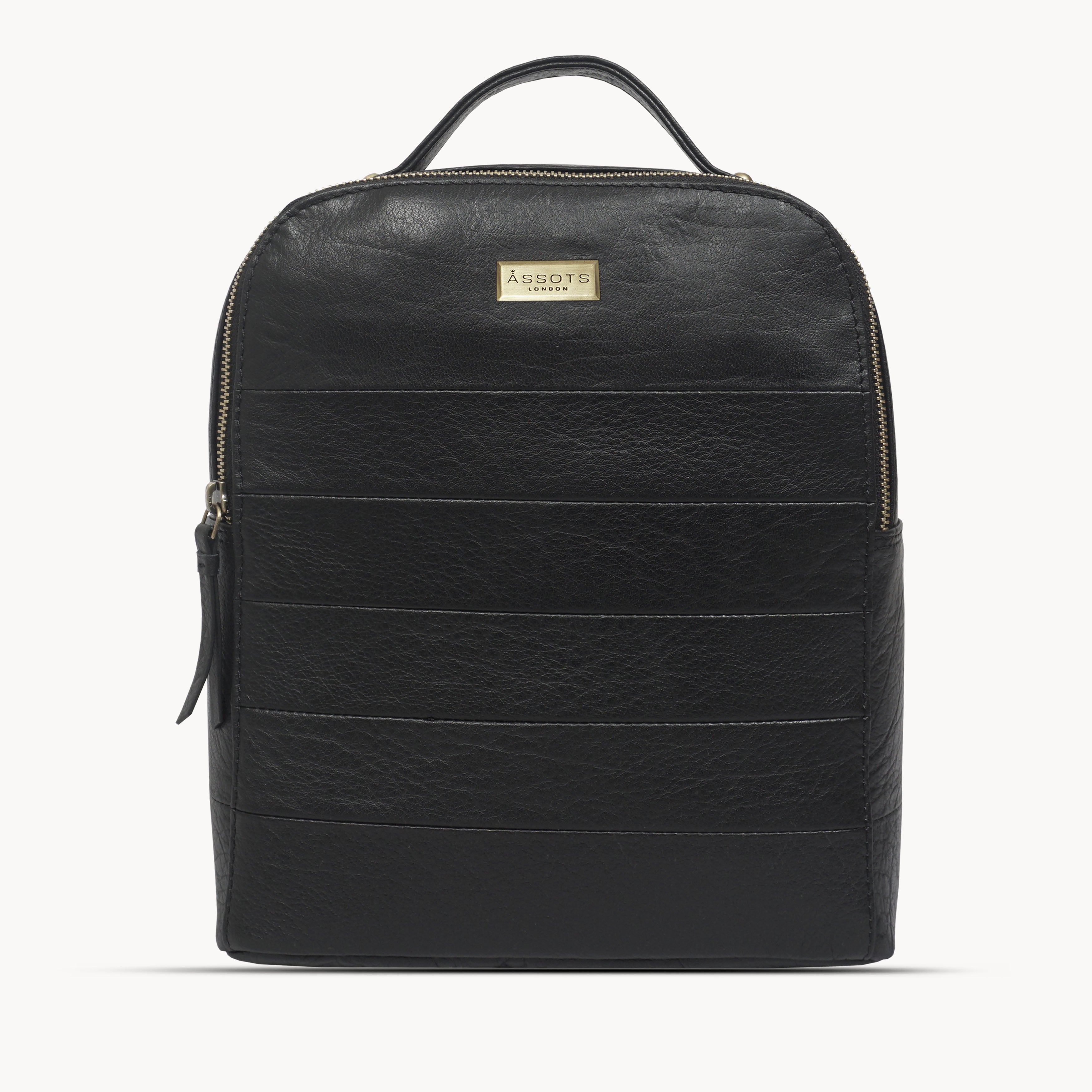 'DEBDEN' Black Full Grain Small Leather Zip-Top Backpack