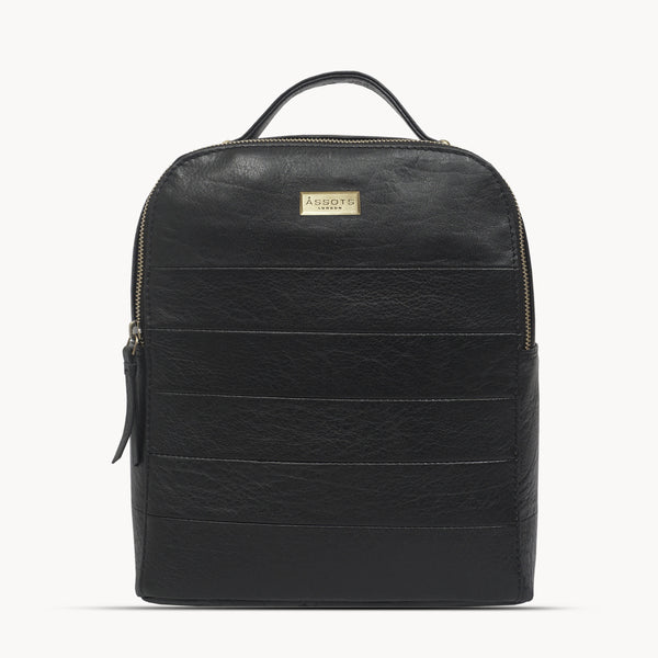 'DEBDEN' Black Full Grain Small Leather Zip-Top Backpack