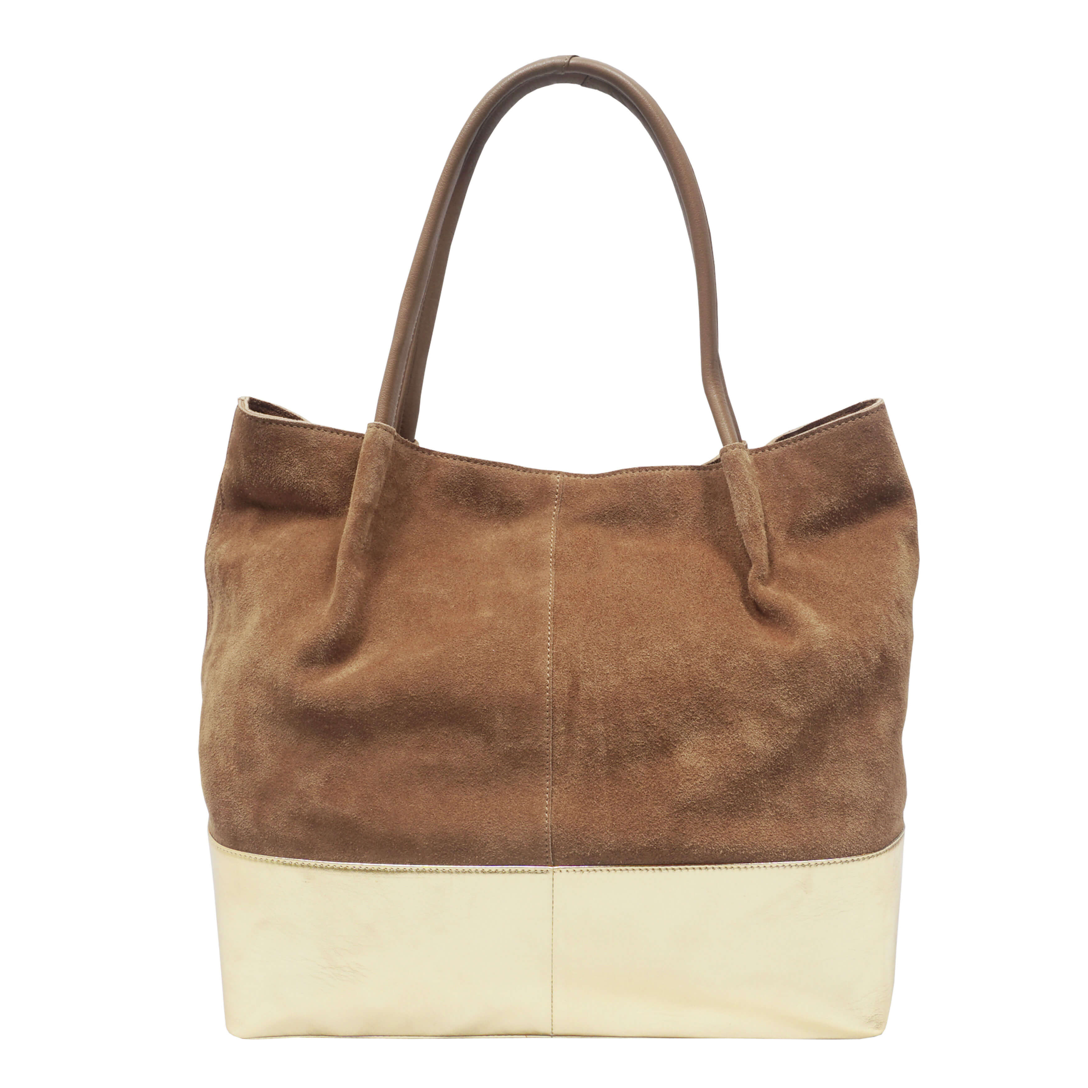 'DONNA' Tan and Metallic Yellow Gold Real Leather Unlined Designer Shopper Bag