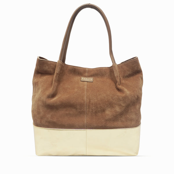 'DONNA' Tan and Metallic Yellow Gold Real Leather Unlined Designer Shopper Bag