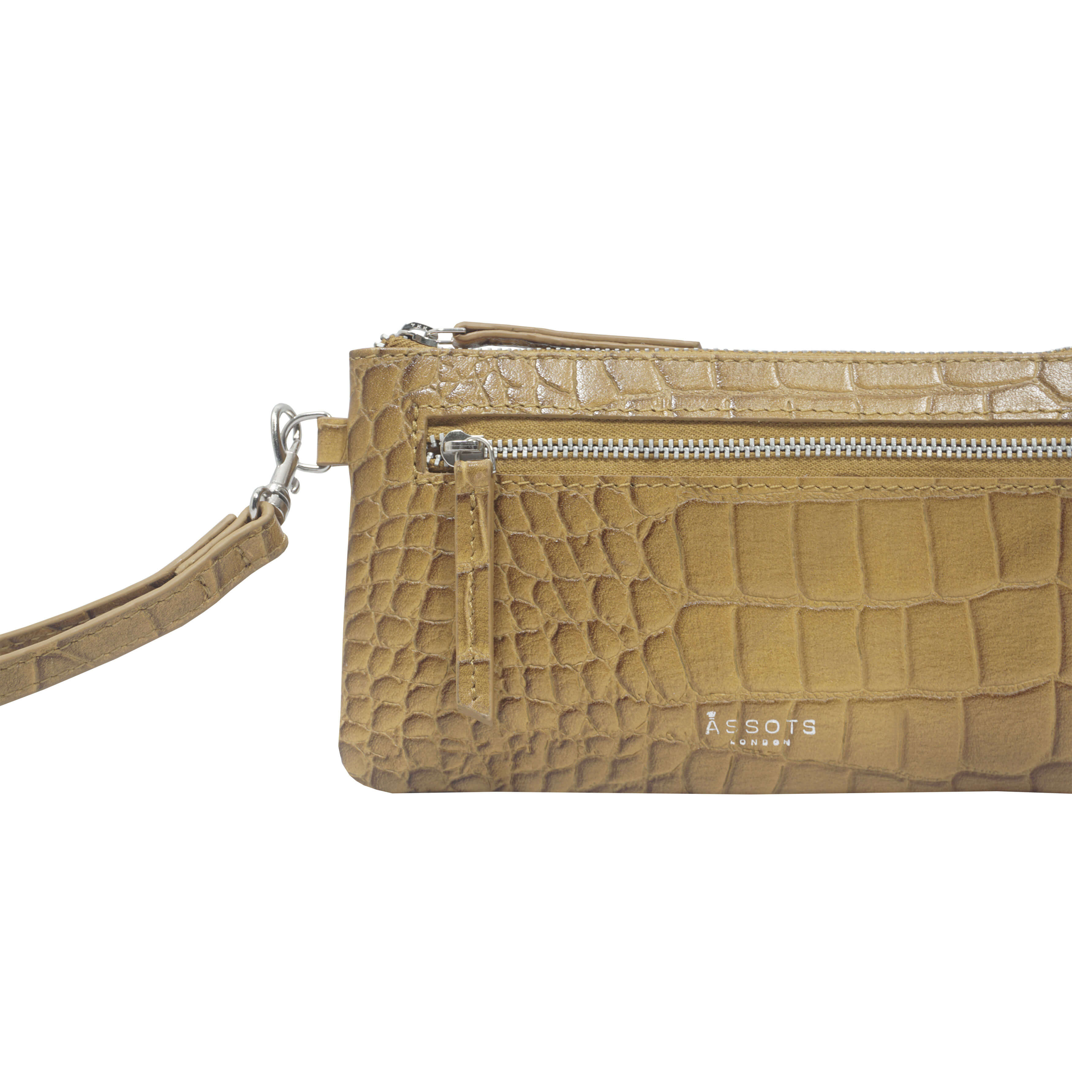 'Dory' Tan Croc Real Leather Wristlet Handle Purse