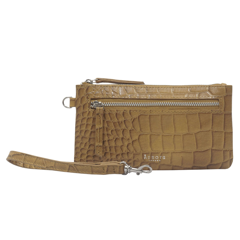 'Dory' Tan Croc Real Leather Wristlet Handle Purse