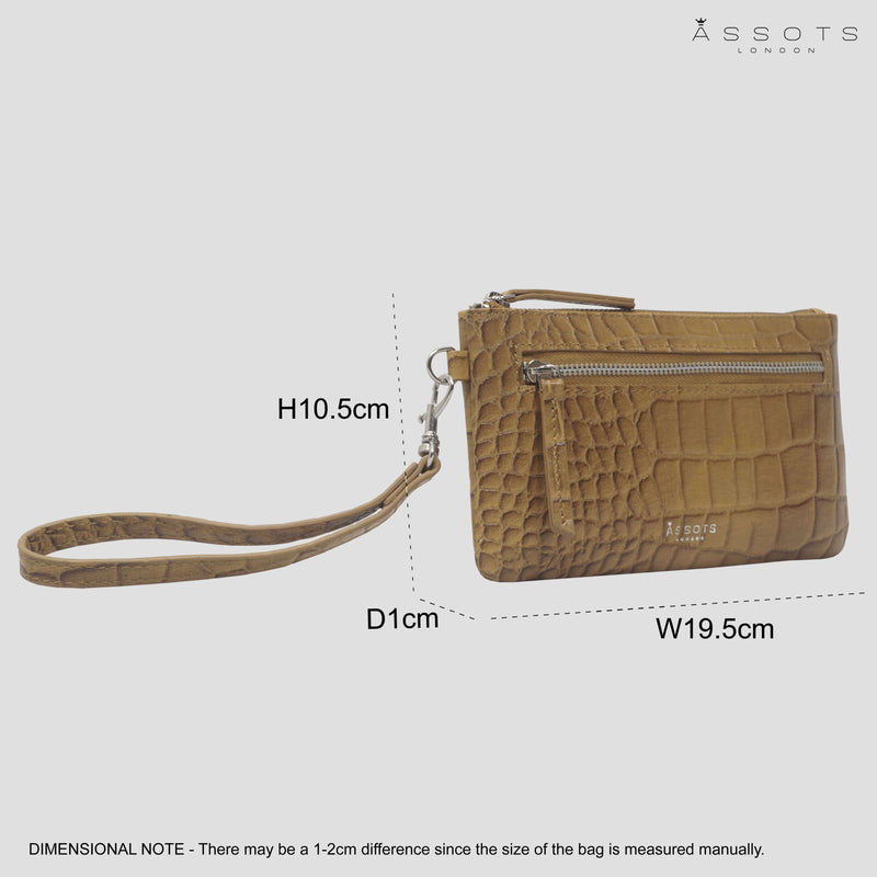 'Dory' Tan Croc Real Leather Wristlet Handle Purse