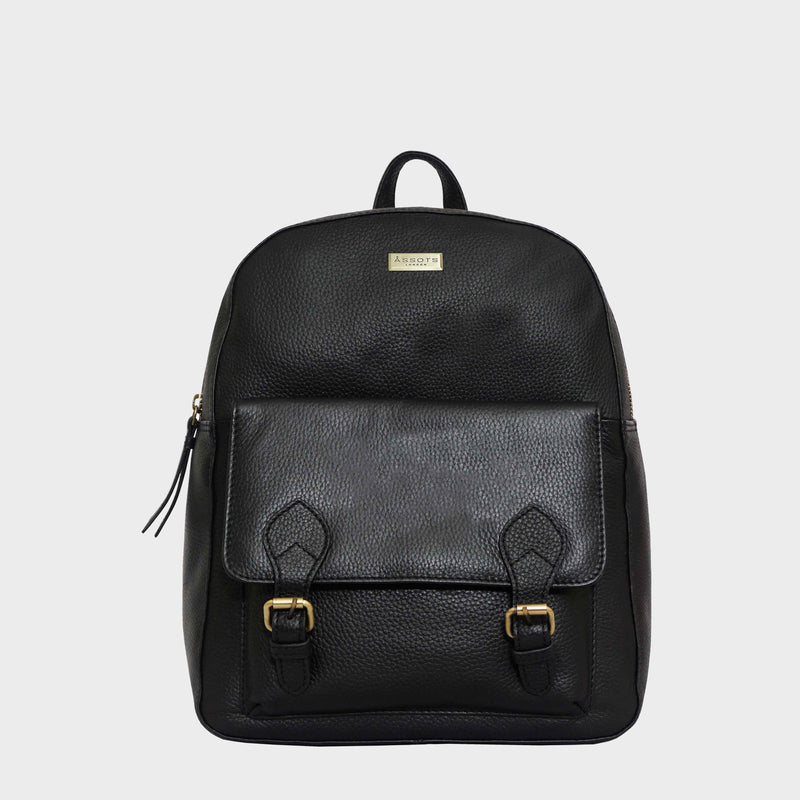 'ELDON' Black Pebble Grain Leather Zip Top Large Laptop Backpack