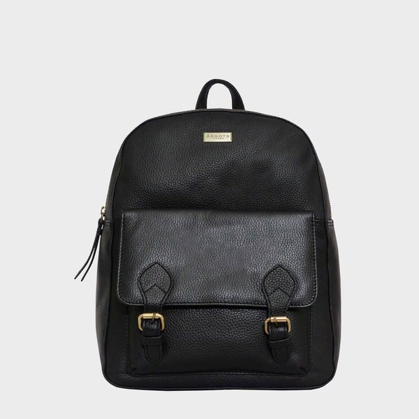 ELDON Black Pebble Grain Leather Zip Top Large Laptop Backpack