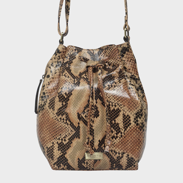 'ELLEN' Brown Snake Textured Real Leather Duffle Bag for Women