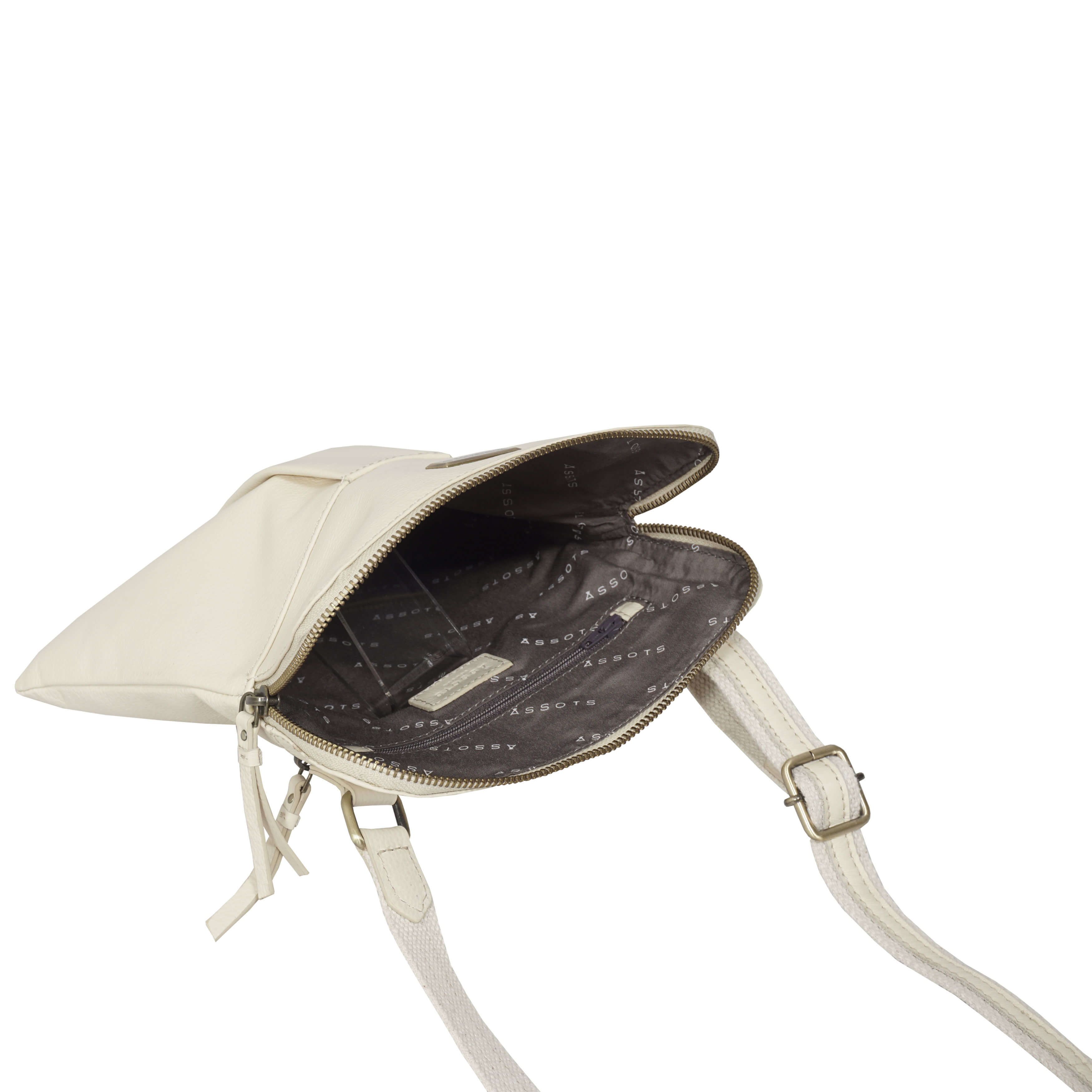 'ELSIE' Cream Pebble Grain Leather Zip Top Crossbody Bag