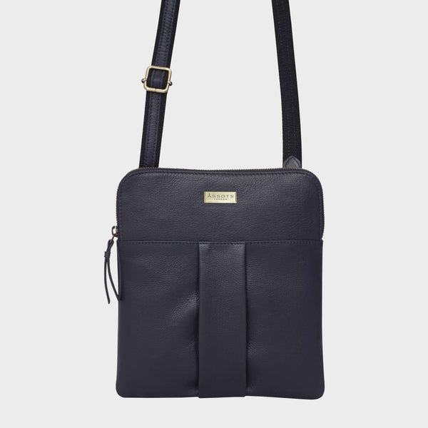 'ELSIE' Navy Pebble Grain Leather Zip Top Crossbody Bag