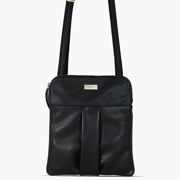 'ELSIE' Black Pebble Grain Leather Zip Top Crossbody Bag
