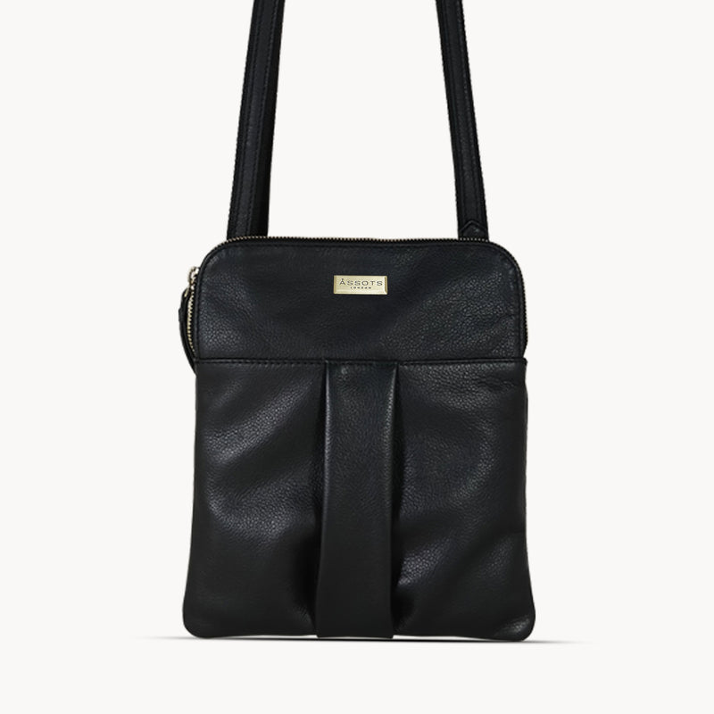 'ELSIE' Black Pebble Grain Leather Zip Top Crossbody Bag